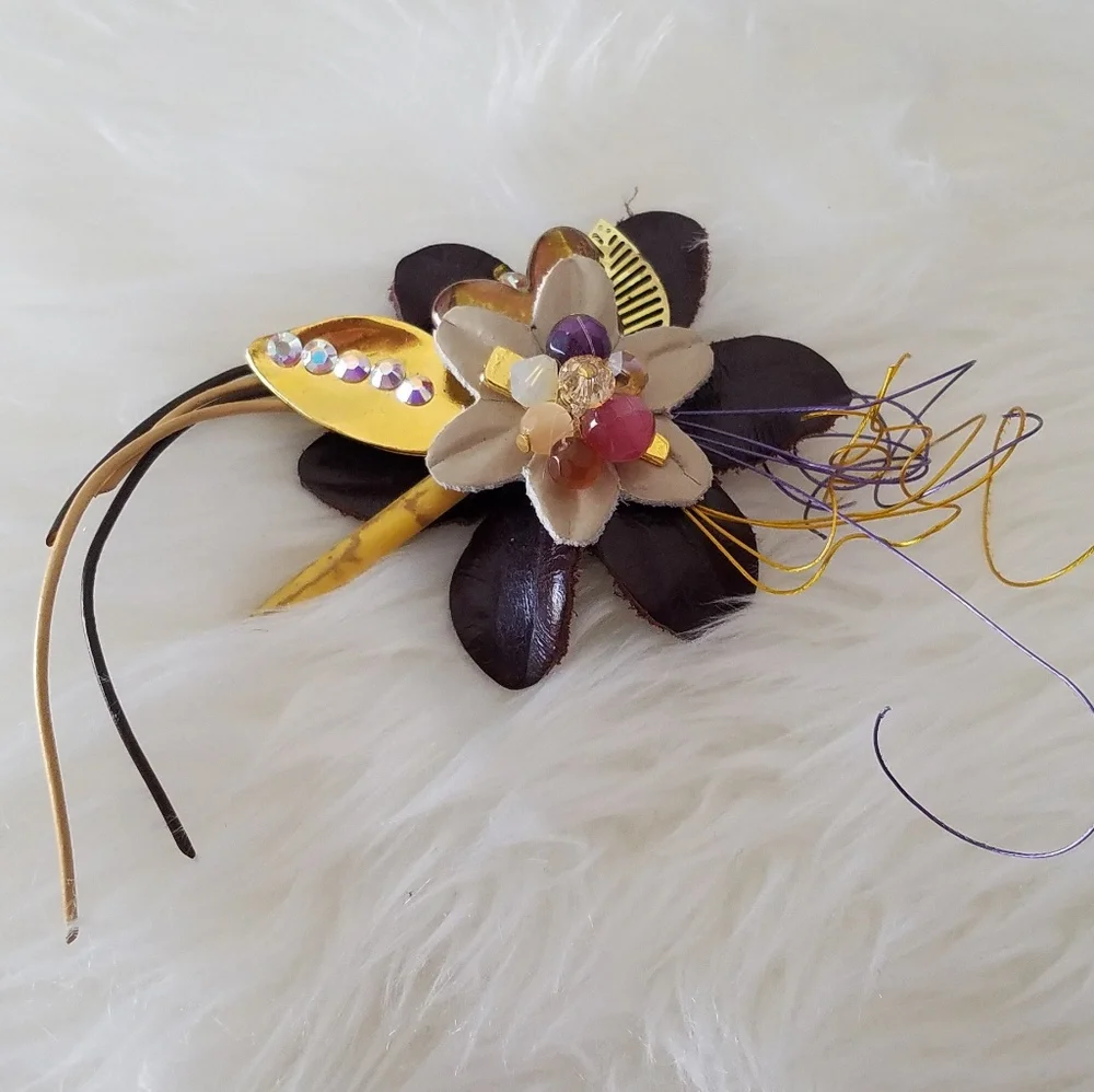 Swarovski Elements Genuine Brown Leather Flower Brooch - Handmade